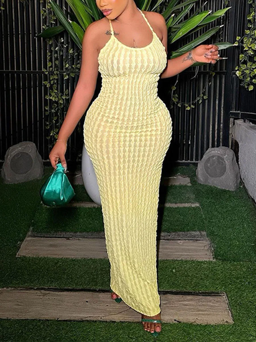 

Women Solid Ruched Popcorn Spaghetti Strap Bandage Long Dress Casual Sleeveless Backless Bodycon Ladies Party Streetwear Dresses