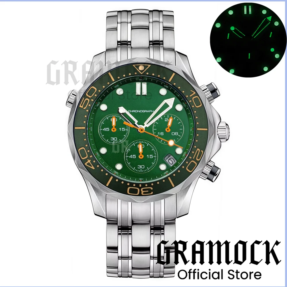 Gramock 41 мм Мужская мода VK63 Наручные часы с хронографом Сапфировое стекло Светящийся циферблат Стрелки Керамический безель Стальные часы для дайвинга для мужчин (art.: 3920d074bebfd) - 3920d074bebfd