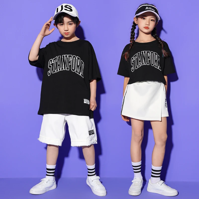

Kids Hip Hop Clothing Black T Shirt Top Summer Shorts Skirt Mini for Girls Boys Jazz Dance Costume Cheerleading Clothes Set