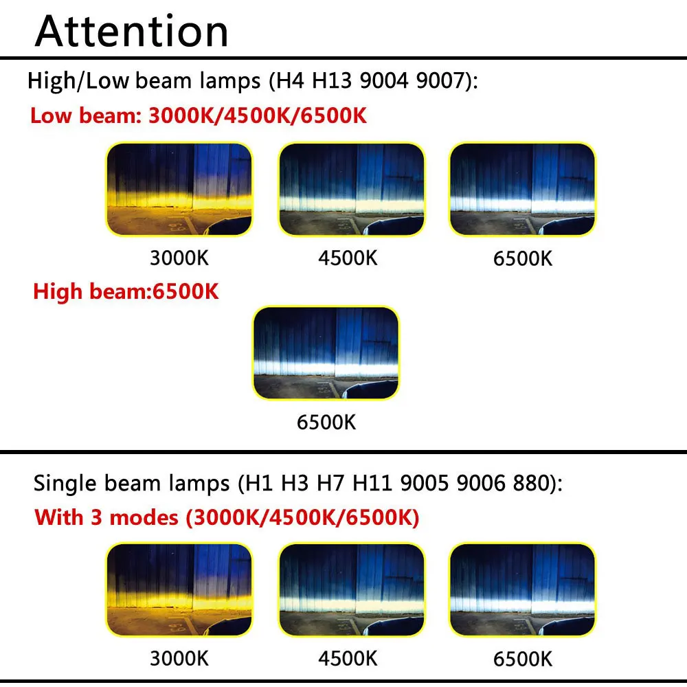 

H4 LED H7 3 Color Changing Car Headlights Fog Lights 3000K 4500K 6500K Flash 80W Auto Lamps 2 PCS H1 H3 H11 9005 H13