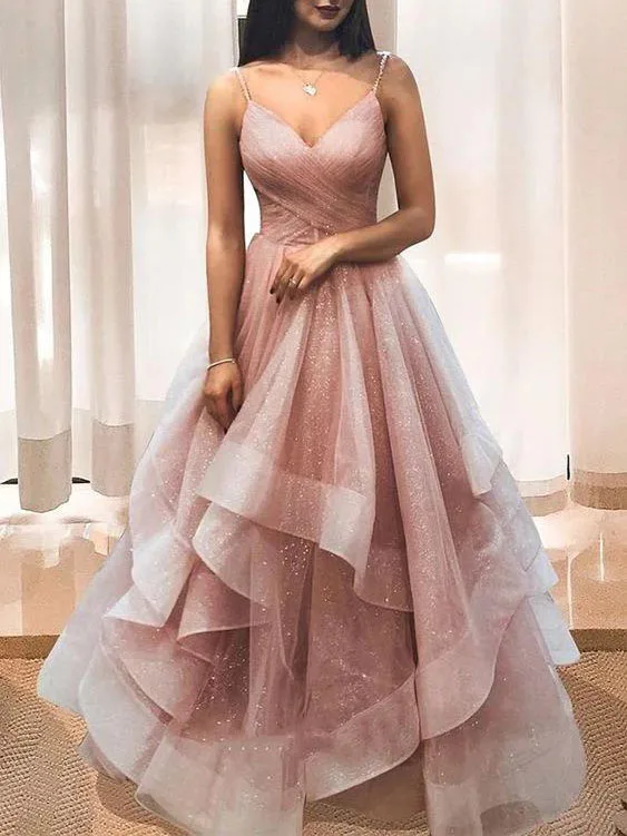 

Women's Long Prom Dresses Tulle Ball Gown Spaghetti Straps Evening Party Dress