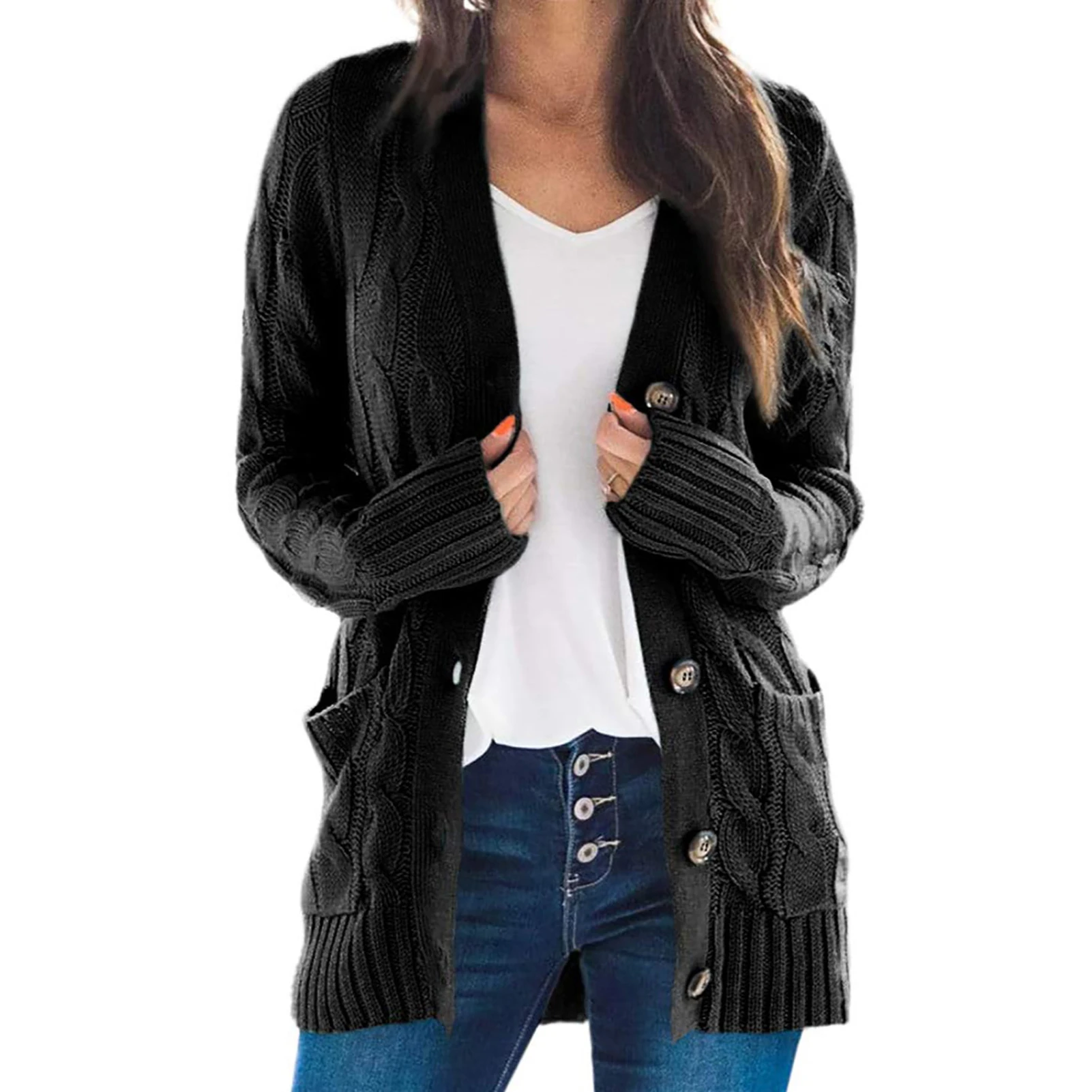 

Women Cable Knit Cardigan Open Front Knitwear Fashion Button Down With Pockets Soft Autumn Winter Sweater Long Sleeve