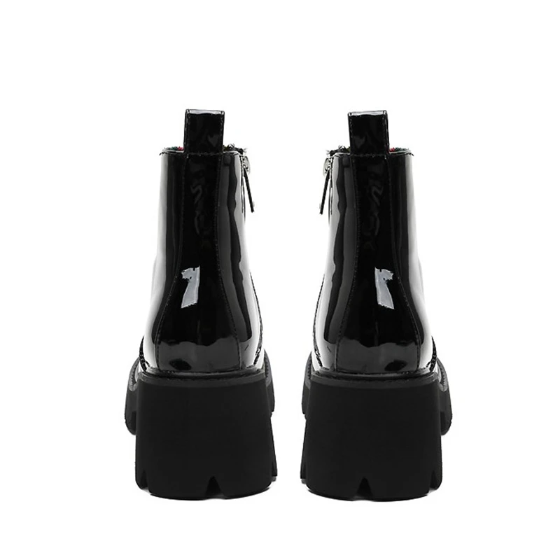 

Женские ботинки из лакированной кожи, черные мотоциклетные ботинки на платформе, водонепроницаемые осенние женские ботильоны, увеличивающие рост, новинка, 2022