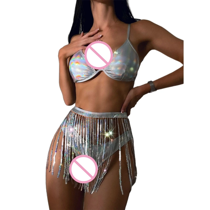 

Rave-Outfit-Bikini Set Metallic Swimsuit Holographic-Bandeau Top Bathing Suit Dropship