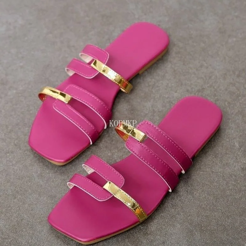 

Women Slippers Bright Metal Flat Bottom Sandals Comfortable Slides Shoes Women Sandals Bohemia Beach Shoes Summer Women 34-43