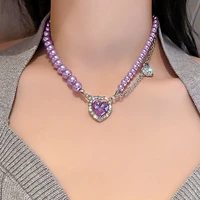 luxury 2022 hot purple cubic cz heart necklace for women temperament pearl inlaid zircon clavicle chain kolye pendant jewelry
