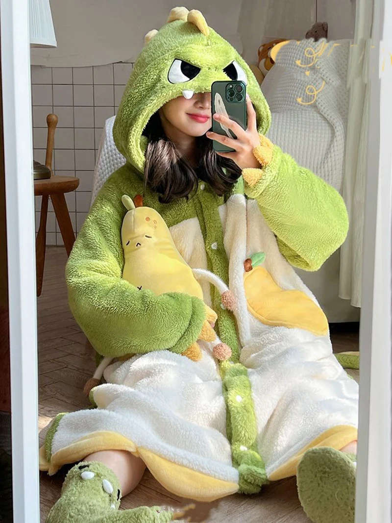 Winter Thicken Pyjamas Sleepwear Flannel Cartoon Dinosaur Nightgown Warm Home Wear Soft Pajamas for Women Girls Cute Nightshirts