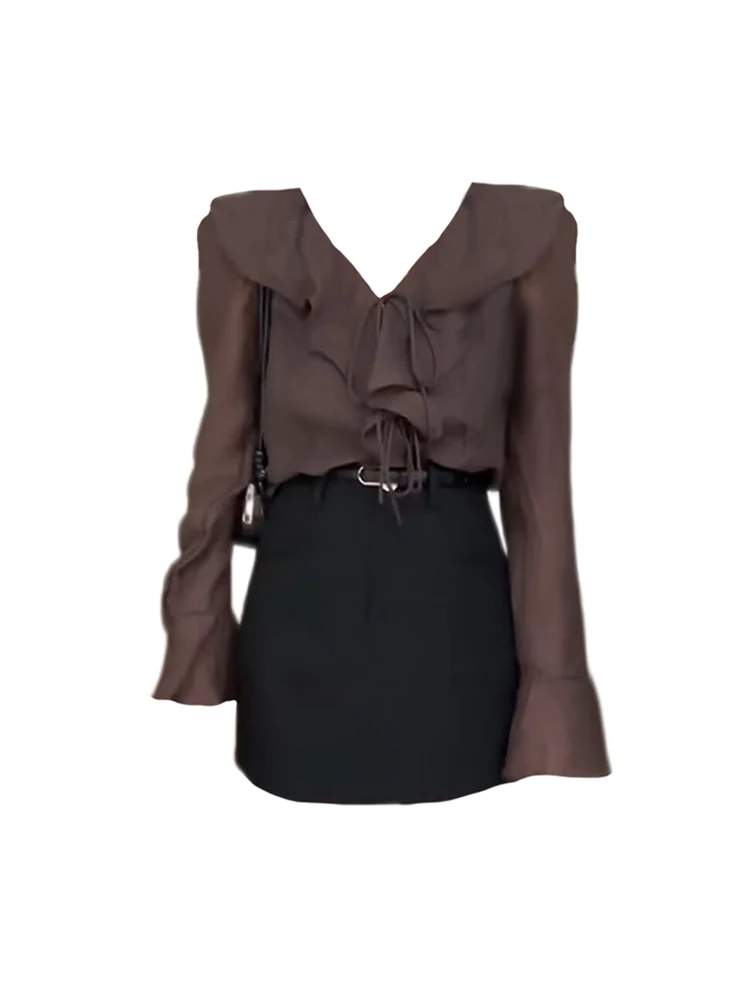 

Summer Kpop Fashion Gyaru Office Lady Outfits 2 Piece Set Lace Up Flare Sleeve Crop Tops + A-line Plaid Skirts Formal Occasion