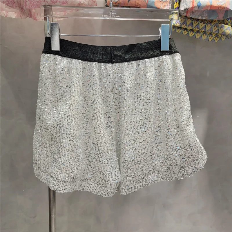 2023 Summer New Elastic High Waist Heavy Industry Sequined Shorts Women A- Line Wide Leg Black Shorts Pantalones Cortos De Mujer