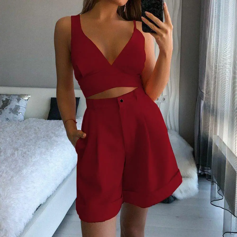 

1 Set Women Tracksuit Breathable Solid Color Sleeveless V-Neck Backless High Waist Fitness Short Pants with Tank Top Set