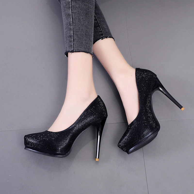 Pointed Toe Platform Rhinestone Women Pumps Solid Color Sexy Ladies Shoes Party Wedding Shoes Elegant Dress Women Shoes Slip On