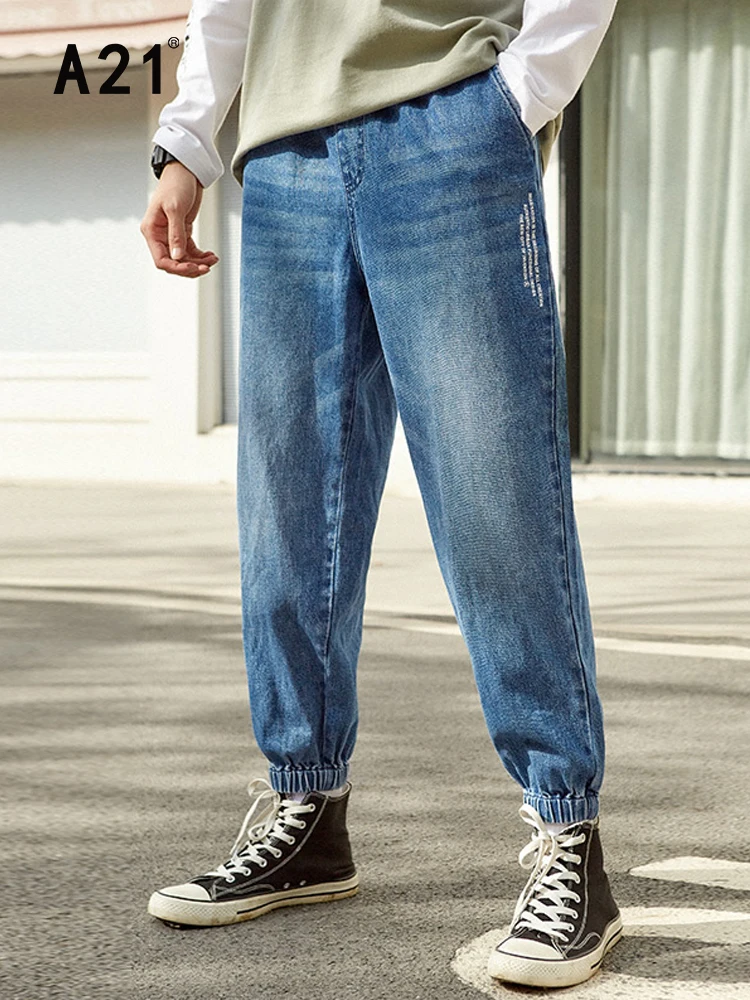 A21 Vintage Casual Jeans Men for Summer 2022 Fashion Loose Elastic Waist 100% Cotton Denim Pants Male Slim Fit Jean Korean Style