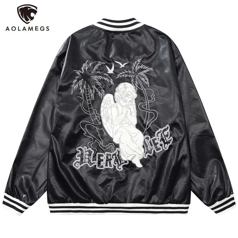

Aolamegs Men's Baggy Jacket Vintage Simple Letter Baby Angel Embroidery Single Breasted Coat Hip Hop High Street Fashion Clothes