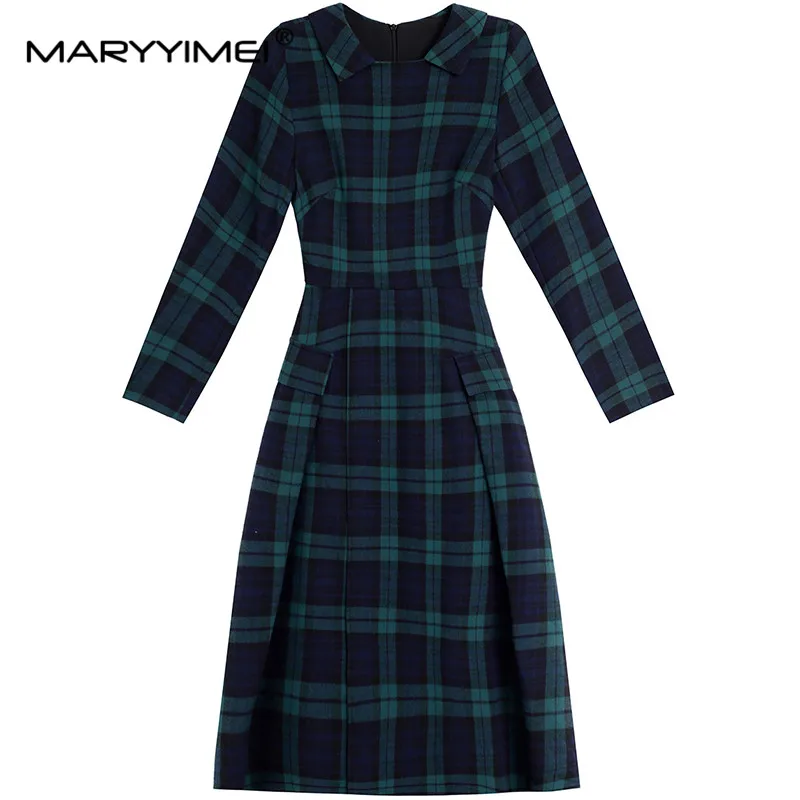 Женское платье-трапеция с отложным воротником и длинным рукавом в клетку