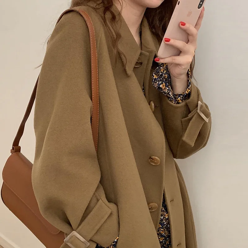 

Camel Woolen Coat Mid Length Autumn Winter 2022 New Loose Temperament Double Sided Cashmere Noble Elegance Overcoat Woman