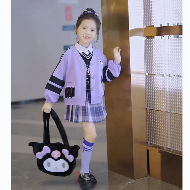 

Sanrioes Anime Kuromi Kids Jk Uniform Girl College Style Varsity Jacket Coat+Skirt Sweatshirt Y2K Streetwear Baseball Uniform