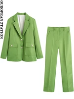 pailete women 2022 fashion with buttons straight green blazer coat or with seam detail high waist side pockets straight pants