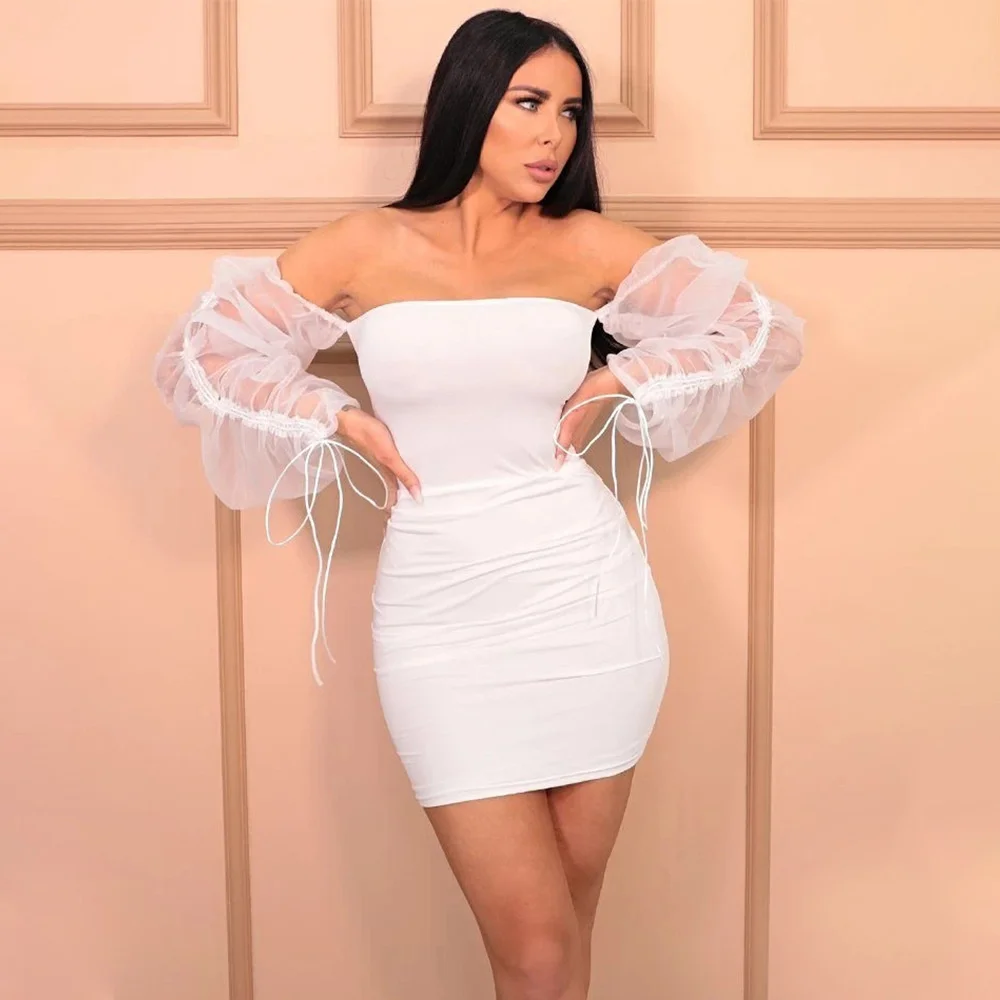

2022 Women Sexy Dress Off Shoulder Solid Color Hip Wrap Skirt Drawstring Lace Up Pleated Perspective Bubble Sleeve Dress Summer