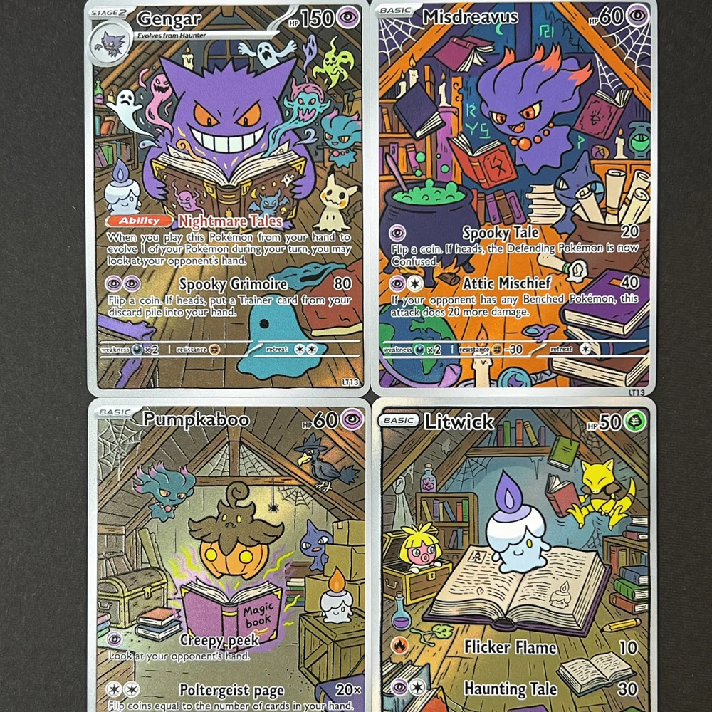 Фото 5 шт. голографических карт в стиле PTCG Pokemon: Gengar, Misdreavus, Pumpkaboo, Litwick, Mimikyu, подарочные карточки Pokemon, коллекционные флеш-карты Pokemon. №4