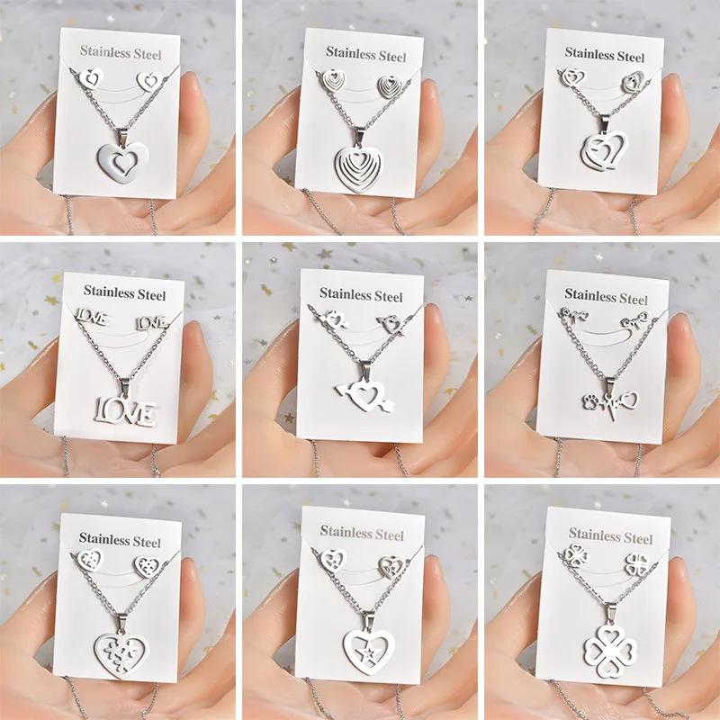 

Stainless Steel Jewelry Sets for Women Chain Pendant Necklace Mens Hip Hop Jewellery Clover Snowflake LOVE Stud Earrings brincos