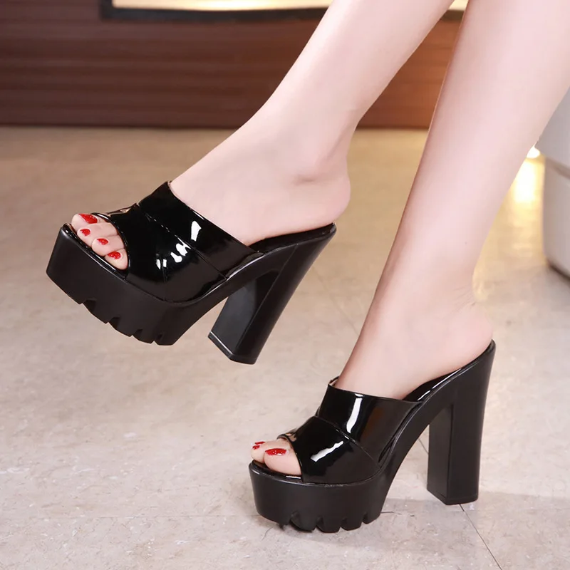 Plus Size 32-43 Patent Leather Shoes Summer Platform Slippers Women 2023 Red Block High Heels Slides for Wedding Office