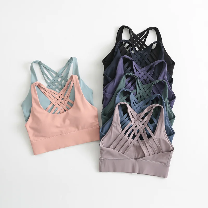 

Printed LOGO Padded Strappy Back Sports Bras For Women Medium Support Gym Training Wear Push Up Fitness Yoga Crop Tops Brassiere