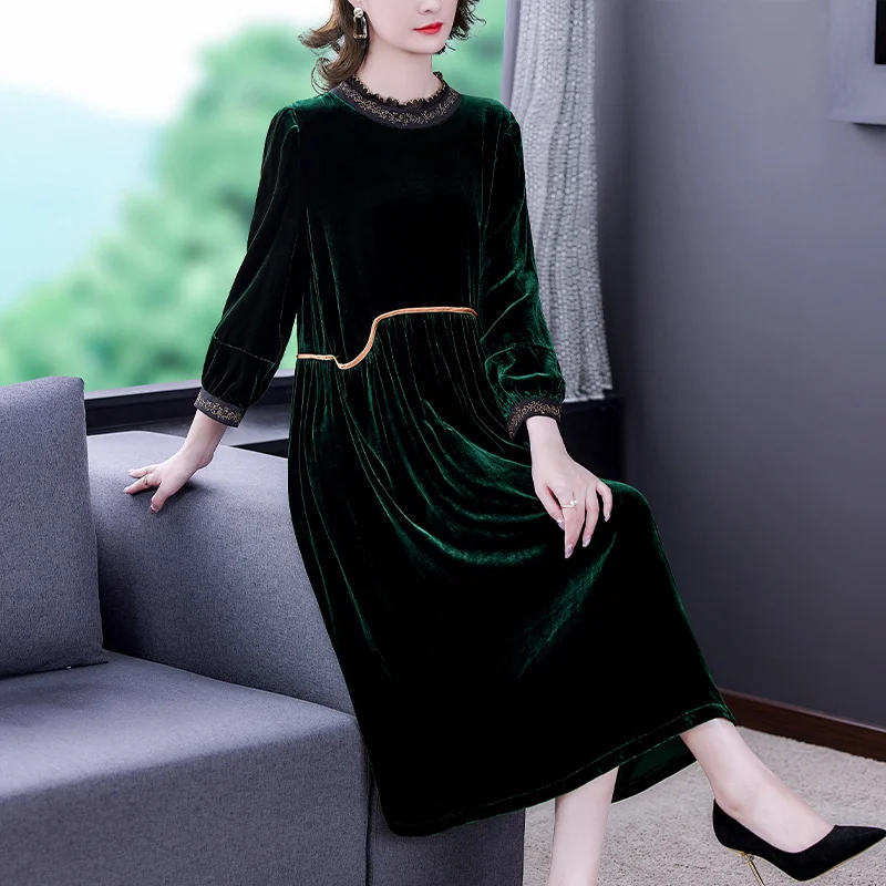 

Женское вечернее однотонное платье макси, Осеннее свободное повседневное облегающее длинное платье, элегантное бархатное платье с рукавами до запястья и оборками, 2023
