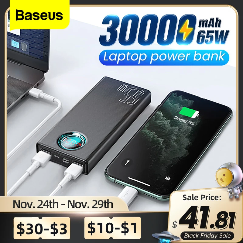 Baseus 65W Power Bank 30000mAh USB C PD Quick Charge 20000 Powerbank Portable External Battery Charger For iPhone Xiaomi Laptop