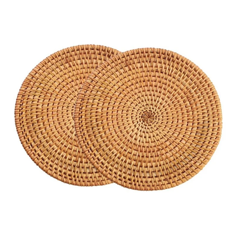 

2 Pcs Handwoven Rattan Placemats,Round Wicker Table Mats, Natural Woven Placemats for Dinner Table,Heat Resistant Mats