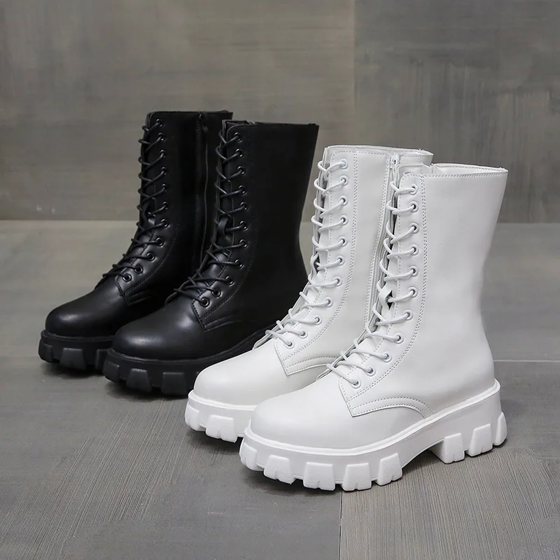 

Women Mid Calf Boots Platform Shoe Classic Waterproof Pu Leather Motorcycle Boot Solid Color Heel Female Footwear Botas De Mujer