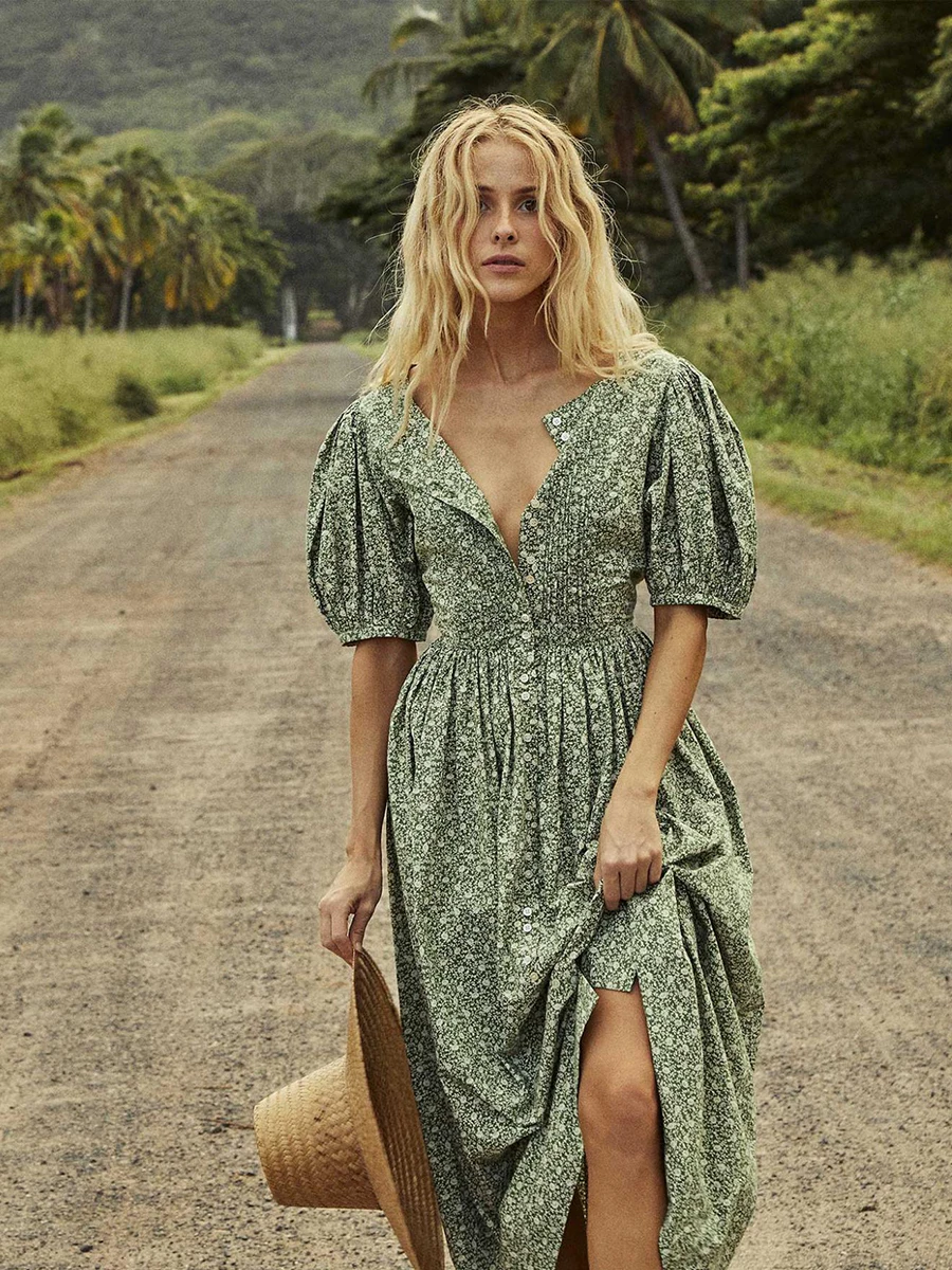 

Женское длинное платье с полурукавами, зеленое винтажное свободное платье макси с цветочным принтом, круглым вырезом, элегантный наряд для отдыха на лето