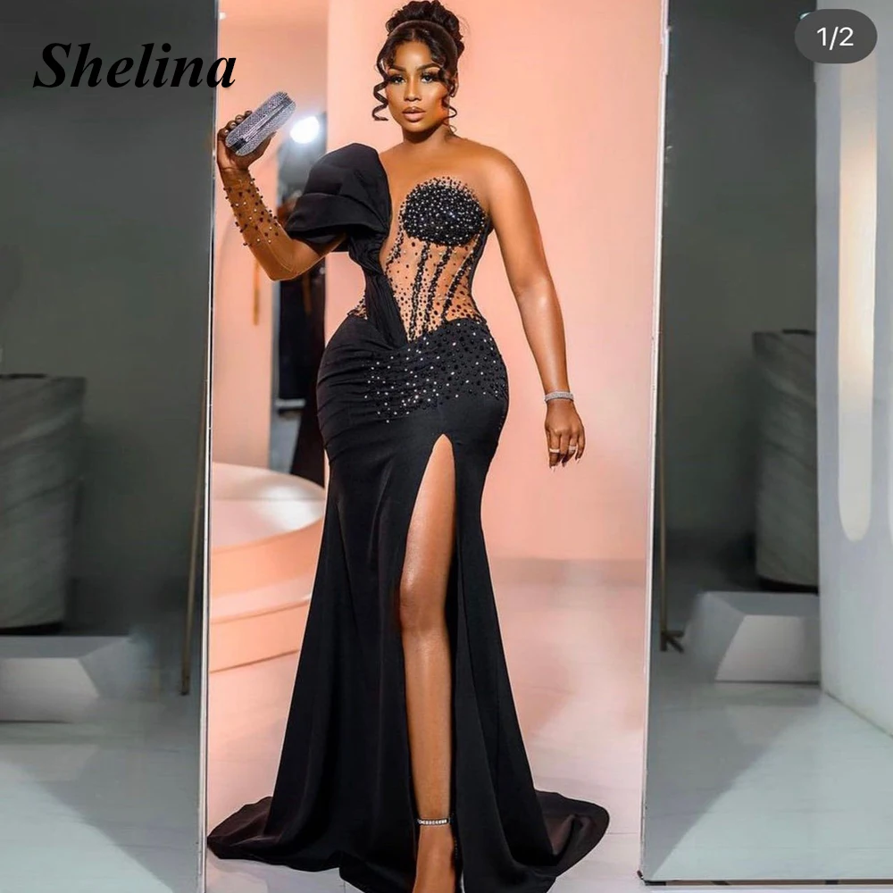 

Shelina Charming O-Neck Homecoming Dresses Mermaid Split Crystal Pleat Illusion Sweep Train 2024 Vestido De Noite Custom Made