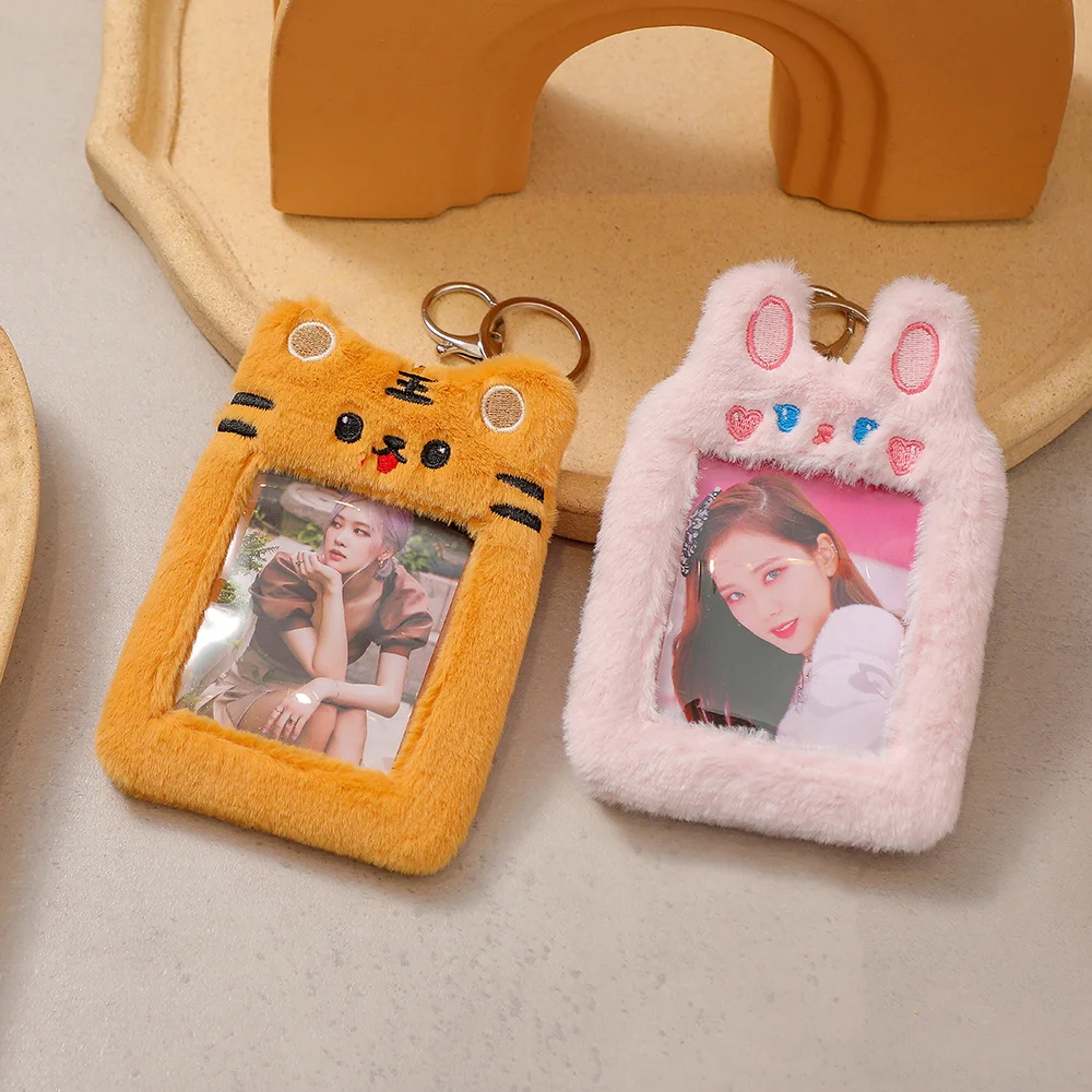 Kawaii Plush Photocard Holder Rabbit Bear Cat Kpop Idol Photo Card Holder Girl Cute Keychain ID Credit Bank Protector Stationery
