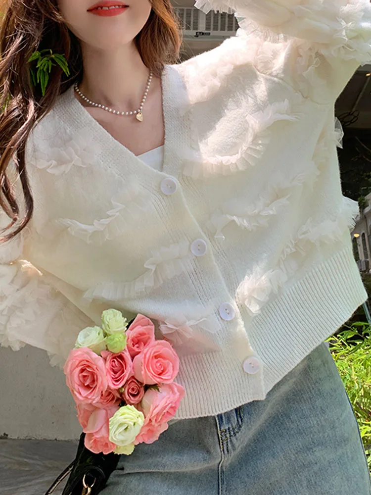 

KIMOKOKM Fairycore v-образный вырез стиль кружева оборки Дизайн однобортный нежный элегантный длинный рукав вязаный кардиган свитер