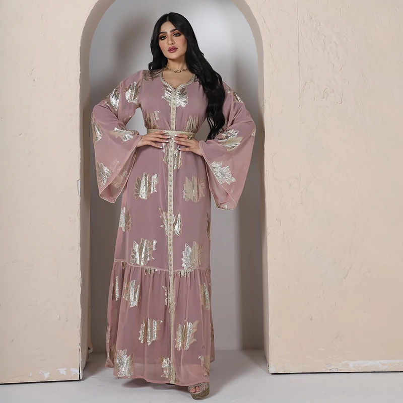Chiffon Belt Abayas For Women Dubai 2022 Plus Size Bronzing Moroccan Jalabiyat Ramadan Eid Mubarak Female Muslim Abayas Turkey