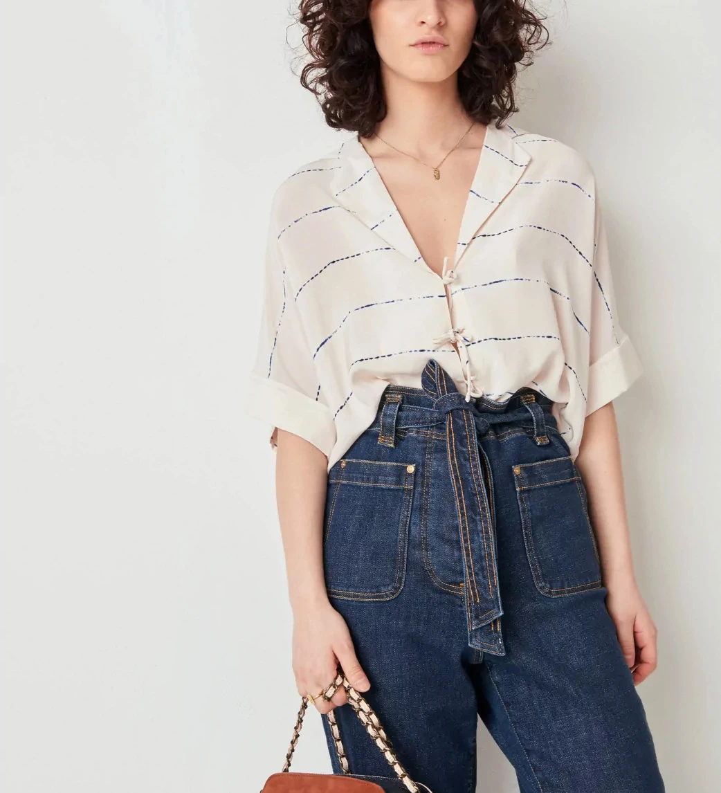 

Vintage V-neck Women's Shirt Holiday Style Bow Tie Short Sleeve Shirt Stripe Lazy Casual Top Club Fashion Summer Woman Tops