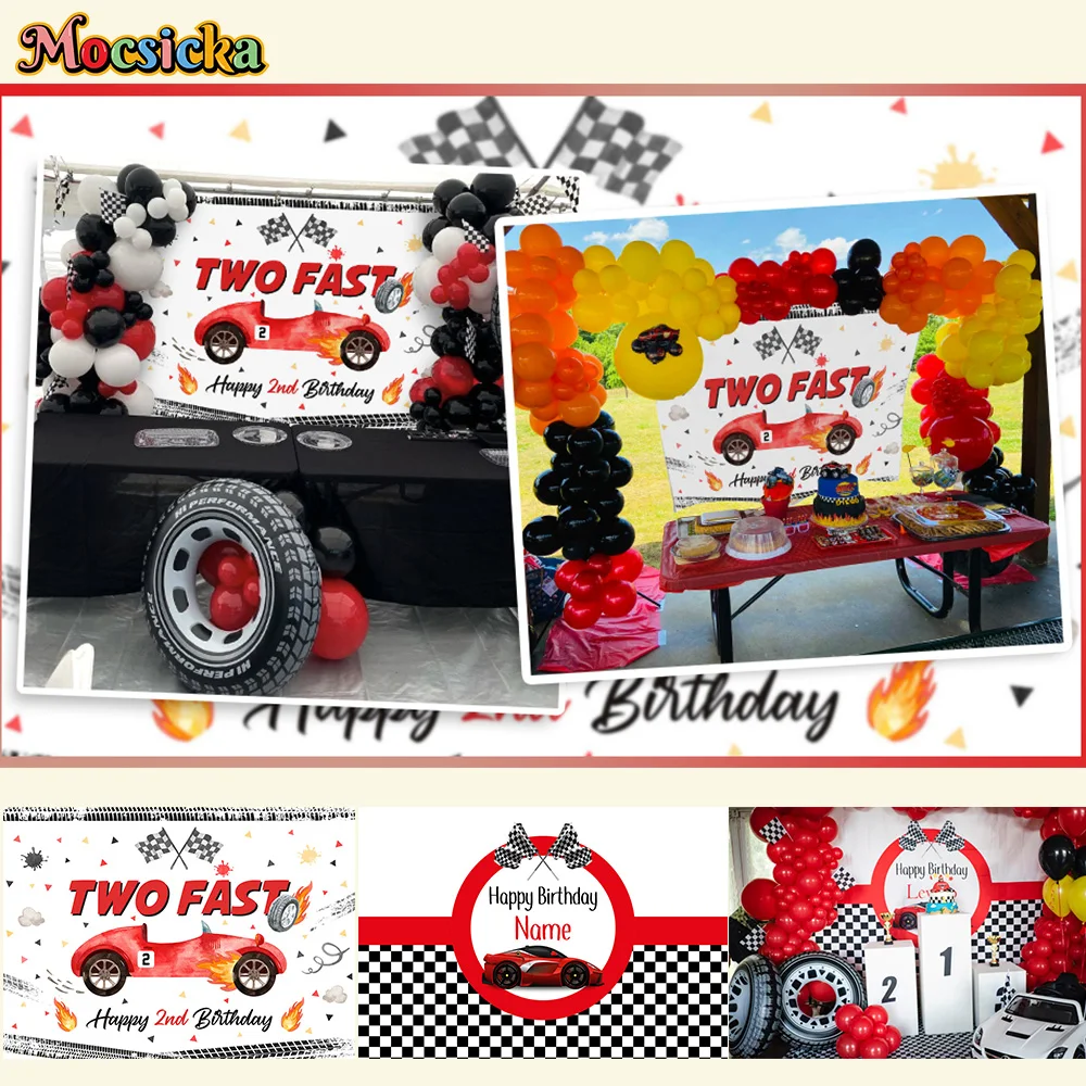 

Race Car Custom Name Happy Birthday Backdrop Decorations Red Race Car Boy 2nd 1st Birthday Party Photo Background DIY Supplies