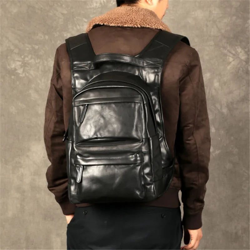 Simple casual first layer cowhide men's black backpack youth daily outdoor travel large-capacity laptop real cowhide student bag