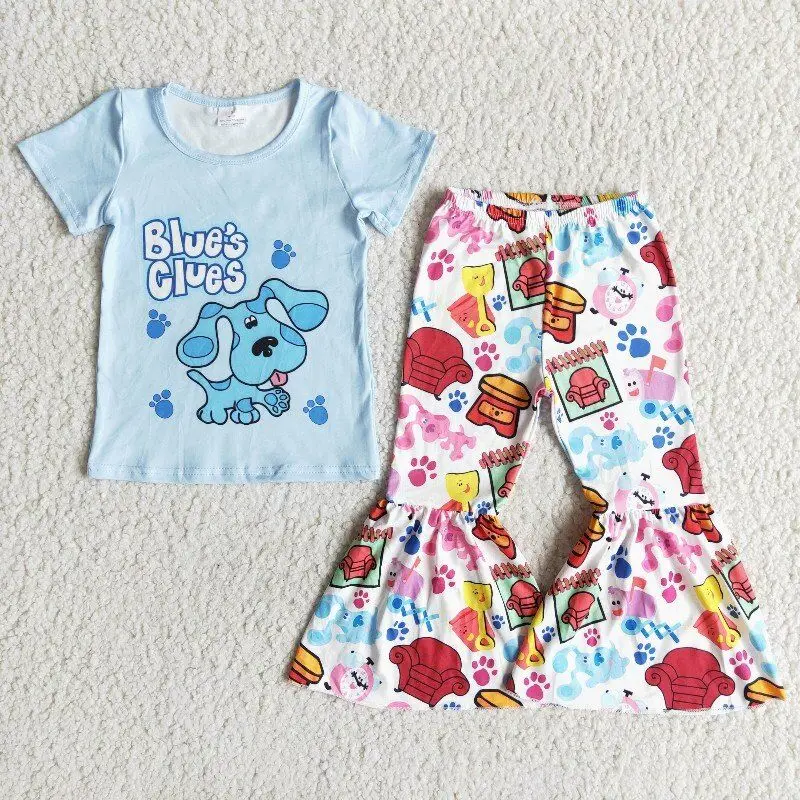 

RTS 20222 New Baby Girls Clothing Sets Blue Puppy Sleeves Tee Shirt Red Sofa Baby Bell Bottom Boutique Outfits Kids Wear