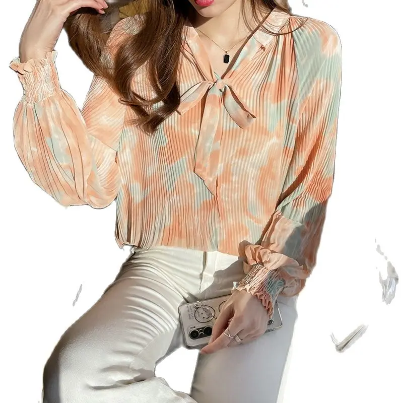 

Pleated Chiffon Printing Blouse Women Long Lantern Sleeves Bowknot Neck