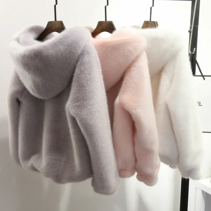 Winter Faux Mink Fur Coat Long Lantern Sleeved Women Fur Hooded Zipper Warm Fur Flocking Cardigan Tops Fluffy Jacket With Hat