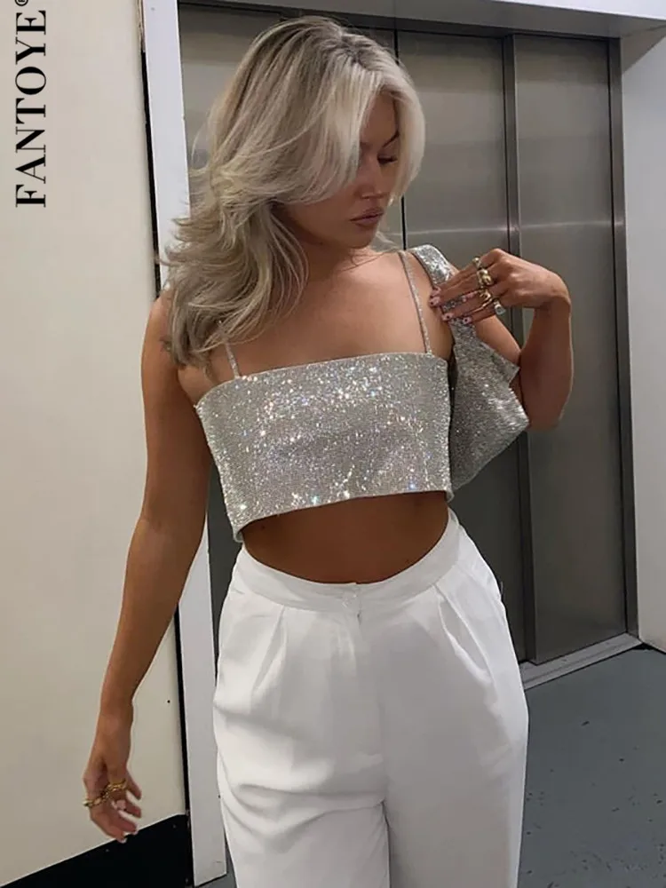

Женский топ с открытой спиной Fantoye, ярко-Шелковый блестящий топ на бретельках серебристого цвета, Весенняя тонкая Клубная одежда
