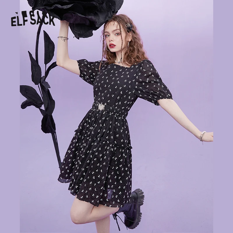 

ELFSACK Black Polka Dot Puff Sleeve Dress Women 2022 Summer New High Waist Dress High Waist Ladies Daily Dress