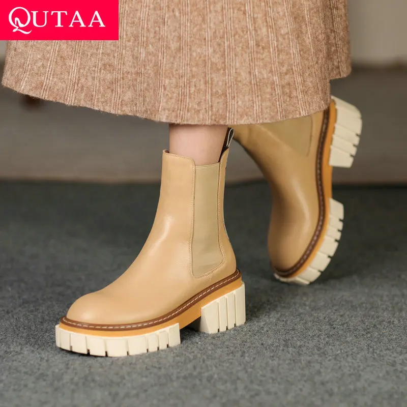 

QUTAA 2022 Genuine Leather Platform Ankle Boots Slip On Long Boots Autumn Winter Chelsea Boots Women Shoes Big Size 34-39