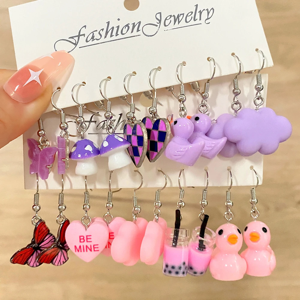 

KINFOLK Cute Pink Purple Color Duck Earrings Set For Women Girls Acrylic Resin Heart Butterfly Mushroom Pendant Earrings Jewelry