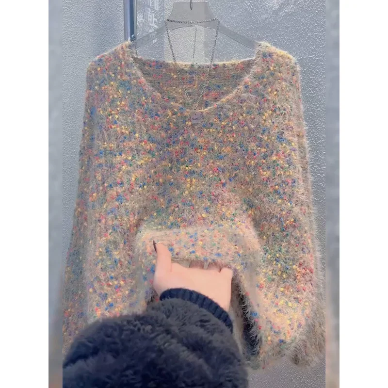 Красочный женский свитер в горошек весна-осень 2024 пуловер с v-образным вырезом