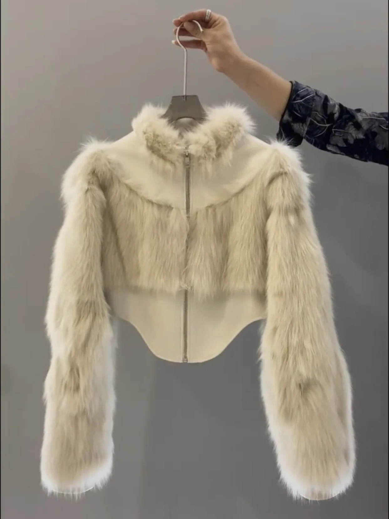 Fur Integrated Short Stitching Fur Coat for Women 2022 Autumn and Winter New Long Sleeve High Collar Zipper Apricot Fur Jackets