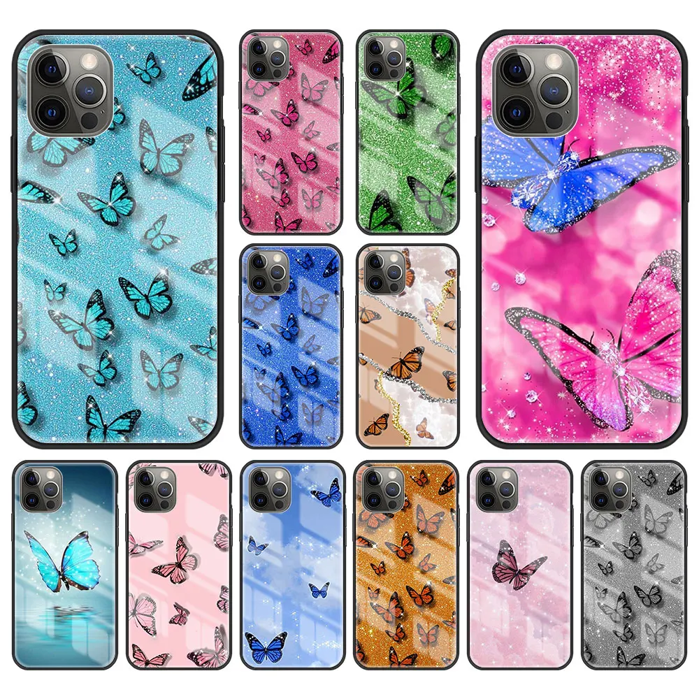 

Sparkling butterfly Tempered Glass Case For iPhone 11 12 13 Pro XS Max 13Mini X XR Hard Case For iPhone 7 8 Plus SE2 Fundas