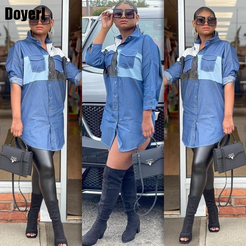 

Streetwear Long Sleeve Shirt Dress Women Autumn Vintage Denim Dress Blouses Loose Mini Button Up Oversized Shirt Dress Casual