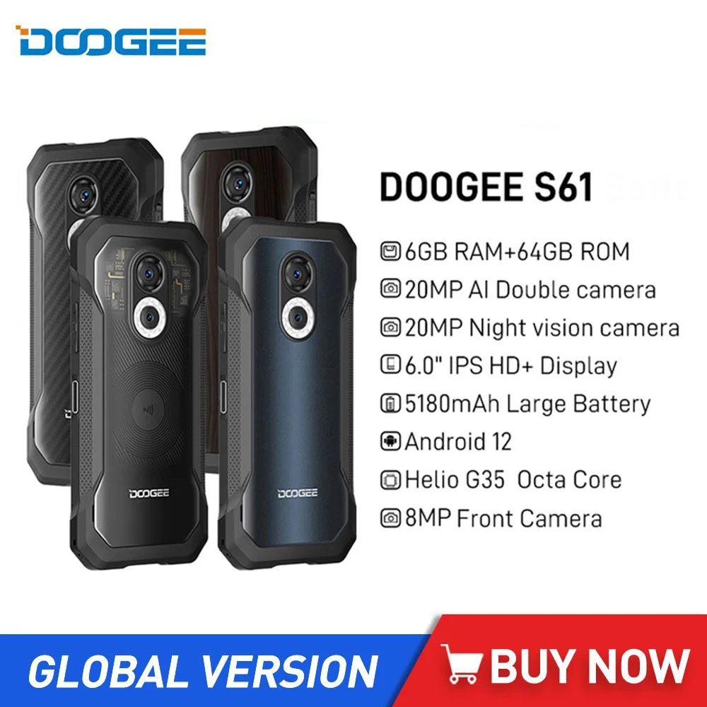 

DOOGEE S61 Rugged Smartphones 6.0Inch Multiple Back Case Design 6GB+64GB 20MP Night Vision Camera 5180mAh Android 12 Cell Phone